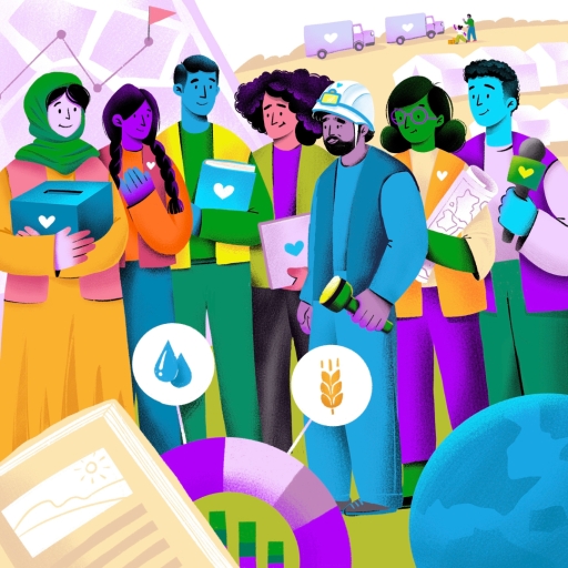 Una colorida ilustración de siete trabajadores humanitarios de pie, uno al lado del otro, con la ayuda humanitaria que se entrega a su alrededor