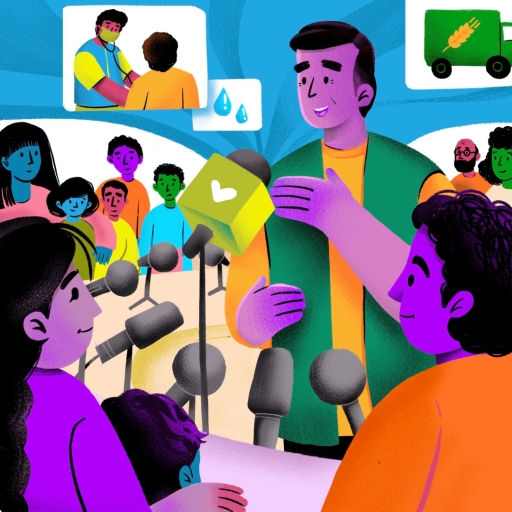 Illustration colorée d'un homme parlant dans des microphones, entouré de personnes qui l'écoutent.