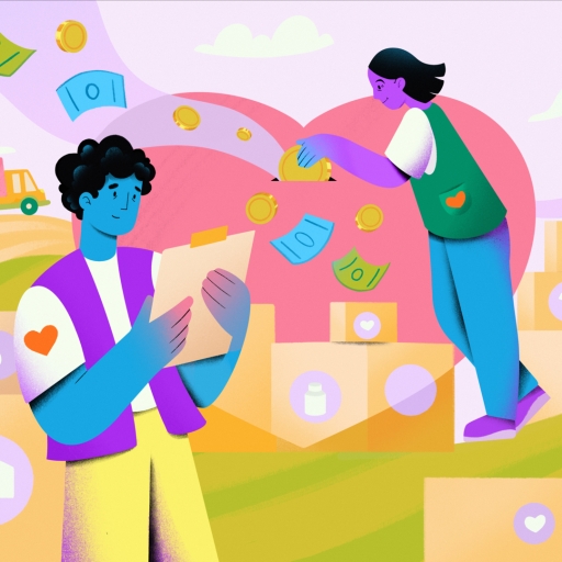 A colourful illustration of a man holding a clipboard and a woman putting coins into a large heart-shaped container. 