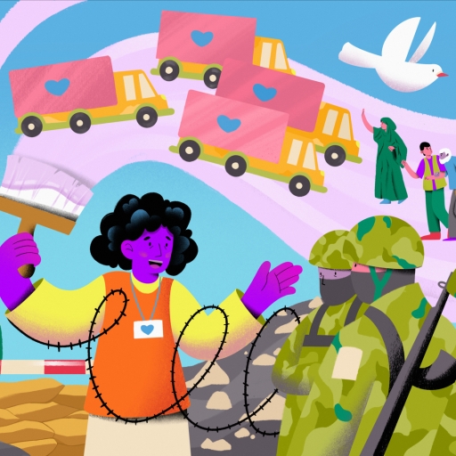 A colourful illustration of a woman painting a picture of trucks delivering aid to people while talking to two armed soldiers.