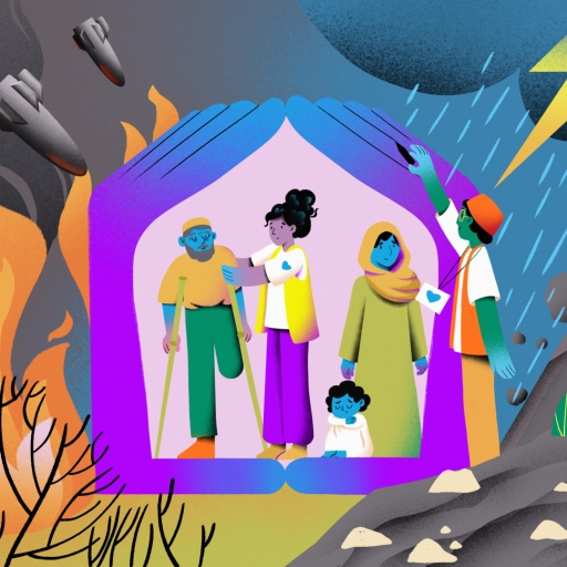 Una colorida ilustración de un hombre con muletas, un trabajador humanitario ayudándole y una mujer de pie junto a un niño sentado, todo bajo un refugio hecho con dos grandes manos.