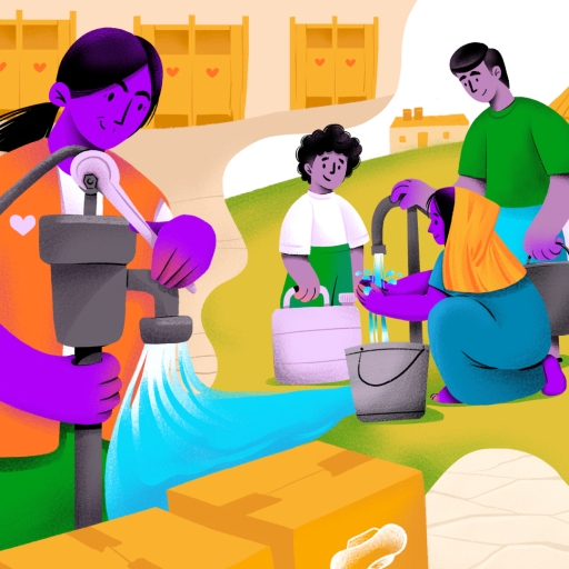 一幅彩色插图，显示在乡村环境中，一名女人在修理水泵，其他三个人正在向水桶和水罐中装水。