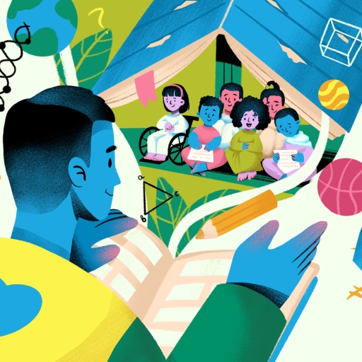 一幅彩色插图，显示一位男老师给坐在帐篷里的六个孩子读书。