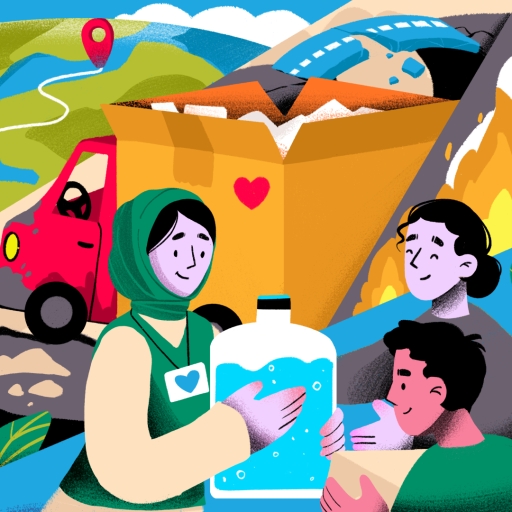 A colourful illustration of a truck with a woman in front of it delivering a large jug of water to people in a camp-like setting.