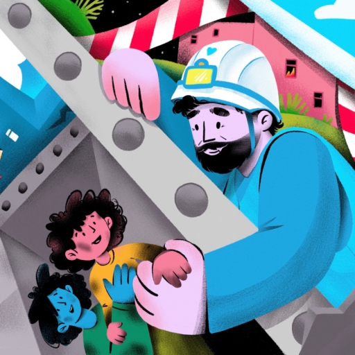 A colourful illustration of a man with a white helmet pulling two children from the rubble of a fallen building.