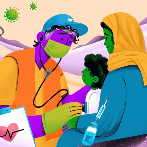 A colourful illustration of a boy sitting on a woman’s lap while a man with a face mask listens to his chest with a stethoscope.