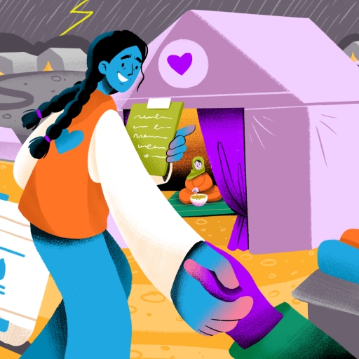 A colourful illustration of a female aid worker guiding a person to a tent with a woman sitting in it.