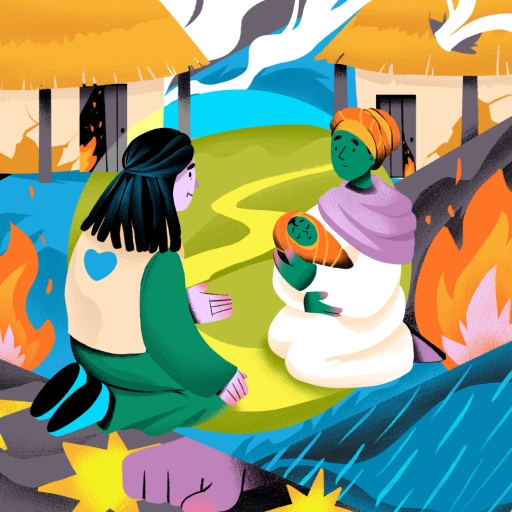 A colourful illustration of a woman counselling a woman holding a child surrounded by destroyed structures.